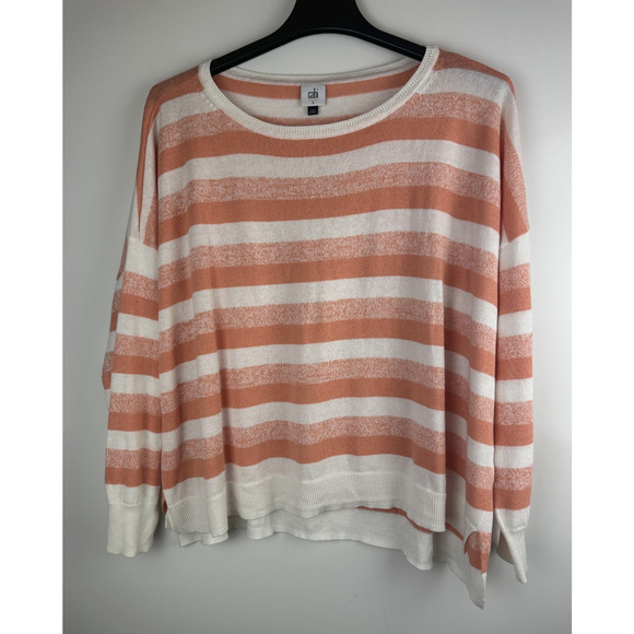 Cabi Swish Linen Blend Pullover Light Sweater Orange Striped Large Boxy Beachy - Picture 2 of 9